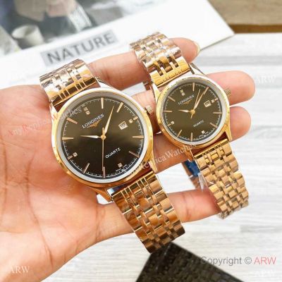 Copy Longines Master Quartz watches All Rose Gold Black Face 40mm or 30mm